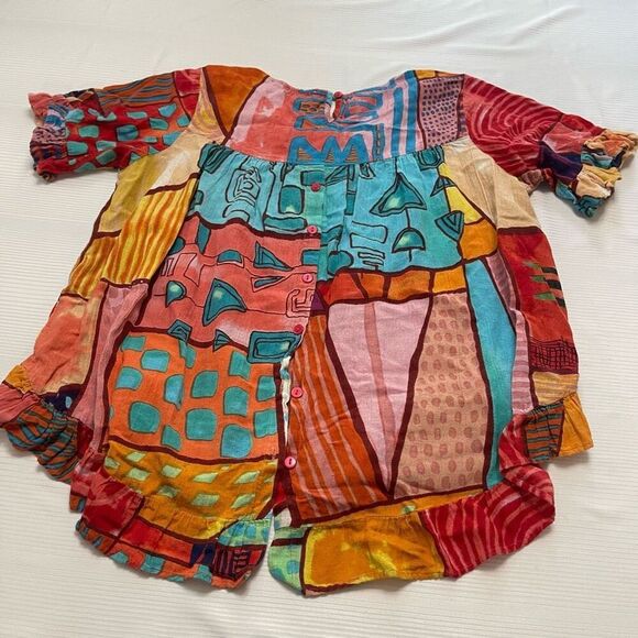 Orientique Naturally Australian Art To Wear Lagenlook Ruffle Top Size Medium - Picture 6 of 7